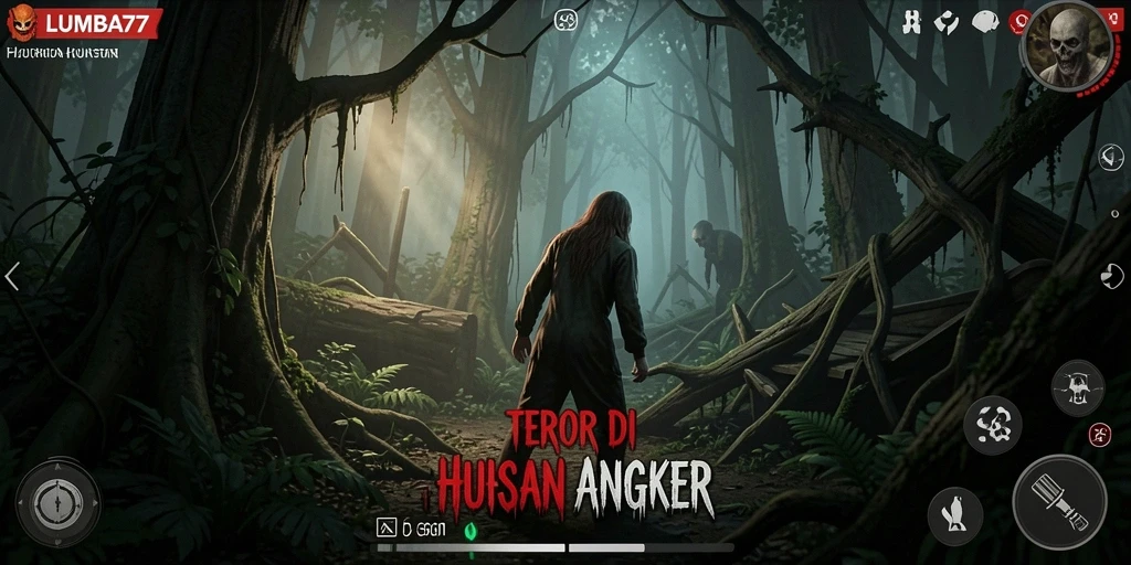 Screenshot utama LUMBA77 menampilkan suasana hutan yang gelap dan mencekam.
